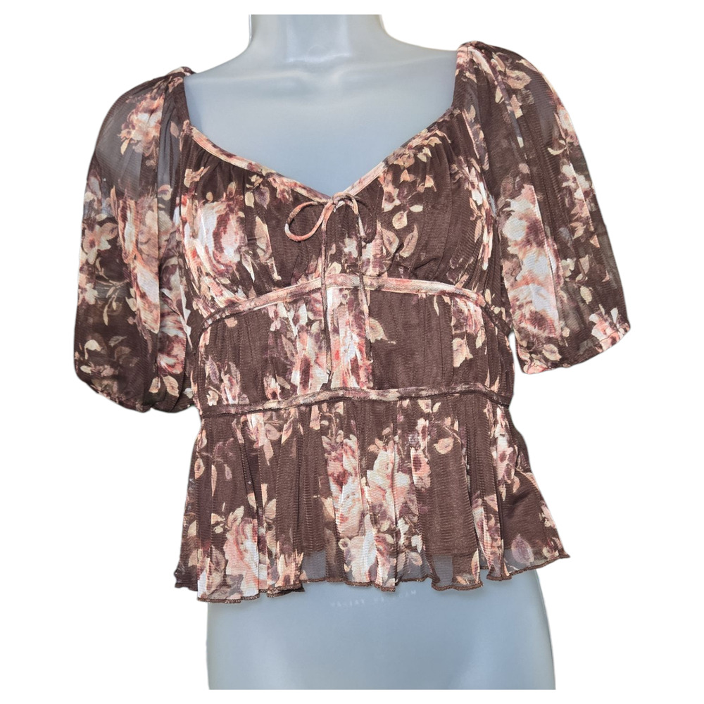 Lucky Brand Wom SM Brown Pink Floral Babydoll Short Sleeve Top Fall Romantic EUC